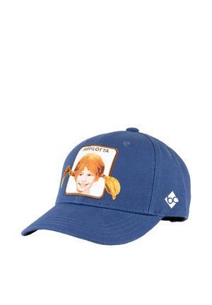 Blue baseball cap with a patch of a smiling girl with red braided hair labeled "PIPPILOTTA" on the front, small white logo on the side.