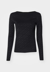 Bluză cu mânecă lungă de culoare neagră, cu un model texturat, având un guler rotund și un design ajustat. Fabricată dintr-un material moale, elastic.