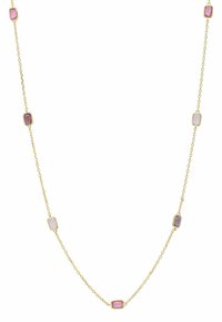 Gold chain necklace with rectangular pink, purple, and clear gemstones spaced evenly along the chain, featuring a polished finish.