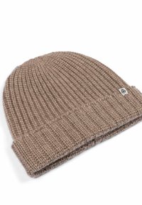 Brown knit beanie, made of soft wool, featuring a ribbed texture and rolled cuff. Includes a small branded tag on the side.