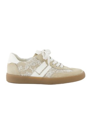 Beige suede sneakers with white lace overlay, white accents, and textured rubber sole. Features round toe and flat white laces.