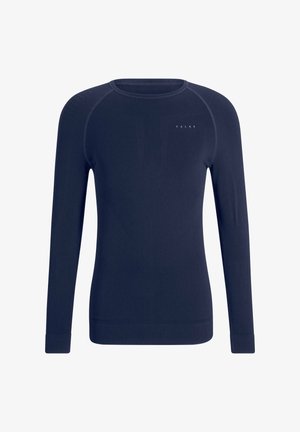 T-shirt de base à manches longues en bleu marine foncé, fait en tissu extensible, avec une texture lisse, des accents côtes et un design ajusté.