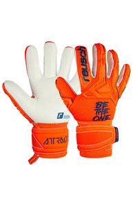 Orange målvaktsvantar med vit latexhandflata. Utrustad med strukturerad baksida, justerbar handledsrem och "BE THE ONE" tryckt i blått.