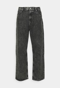 Black denim wide-leg jeans with a slightly faded texture, high waist, five-pocket design, and button-fly closure.