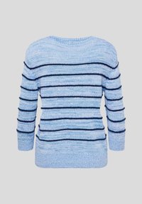 Gestreifter Pullover in Hellblau mit dunkelblauen horizontalen Streifen. Stricktextur, runder Ausschnitt und ärmellange Ärmel.
