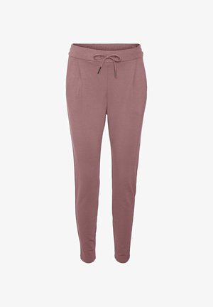 Mauve taps toelopende joggingbroek met elastische tailleband en trekkoord, met zijzakken, getoond op een witte achtergrond.