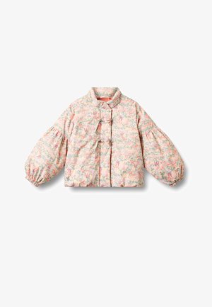 Veste matelassée florale rose pâle avec manches longues bouffantes, col montant et deux fermetures à bascule à l'avant.