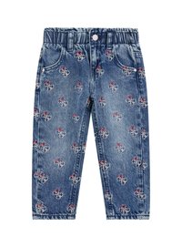 Džinsiniai džinsai su mėlynu plovimu, su pakartotu raštu su logotipu raudonos ir baltos spalvos, penkios kišenės ir elastingas juosmuo.