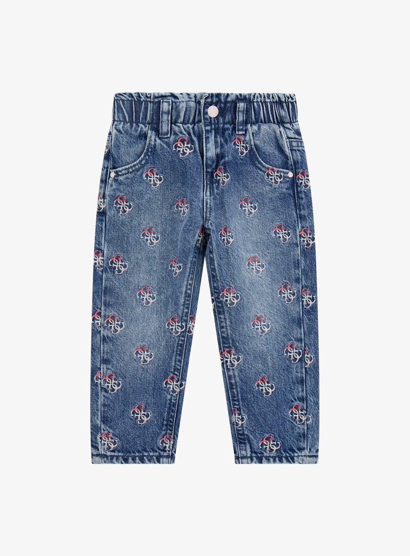 Džinsiniai džinsai su mėlynu plovimu, su pakartotu raštu su logotipu raudonos ir baltos spalvos, penkios kišenės ir elastingas juosmuo.