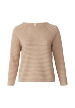 Beige langärmeliger Pullover mit horizontaler Rippstruktur, Rundhalsausschnitt und lockerer Passform. Weicher Stoff mit sichtbaren Nähten und Raglanärmeln.