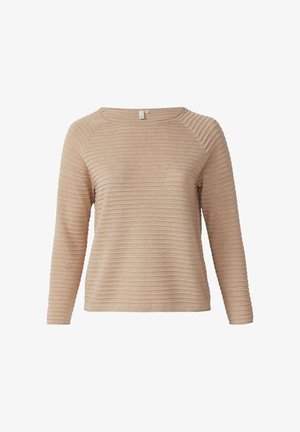 Pull beige à manches longues avec une texture côtelée horizontale, col rond, et coupe décontractée. Tissu doux avec des coutures visibles et des manches raglan.