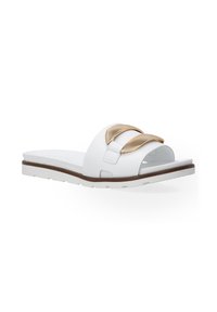 Weiße Riemchensandalen mit einem goldenen Akzent am Riemen, ausgestattet mit einer gepolsterten Sohle und offenem Design, geeignet für die Freizeit.