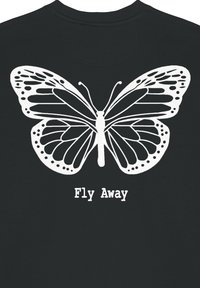Felpa nera con un grande design di una farfalla bianca con ali dettagliate e il testo "Vola via" stampato sotto.