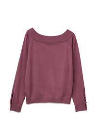 Dlouhý rukáv mauve svetr se širokým žebrovaným lodičkovým výstřihem a manžetami na knoflíky, položený na bílé pozadí.