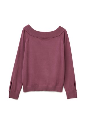 Lila pullover met lange mouwen, brede geribde boothalslijn en knoopmanchetten, plat gelegd op een witte achtergrond.