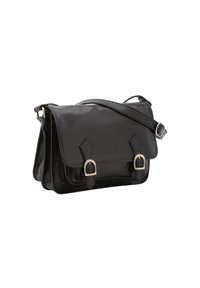 Borsa a tracolla in pelle nera con pattina pieghevole, caratterizzata da due fibbie decorative e una tracolla regolabile. Texture liscia, design minimalista.