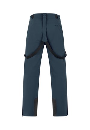 Pantalons imperméables de marine avec des accents noirs renforcés, des sangles de taille ajustables et des zips latéraux pour la ventilation, conçus pour les activités de plein air.