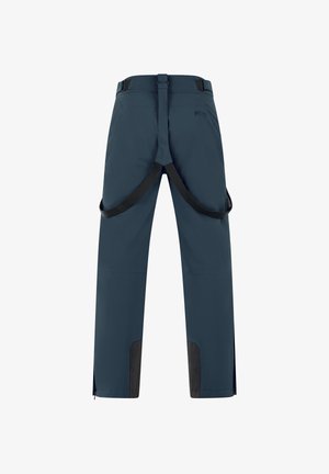 Marineblaue wasserdichte Hose mit verstärkten schwarzen Akzenten, verstellbaren Taillenriemen und seitlichen Reißverschlüssen zur Belüftung, geeignet für Outdoor-Aktivitäten.