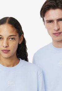 Svetlo modri bombažni puloverji s rebrastimi manšetami, ki imajo izvezen logotip Lacoste na prsih. Preprost, sproščen dizajn.