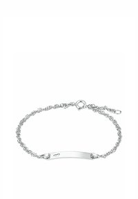 Pulsera de plata con un diseño de cadena retorcida, que presenta una placa plana y lisa grabada con un pequeño corazón. Longitud ajustable con cierre de gancho.