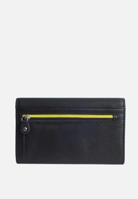 Black leather wallet featuring a textured finish, a yellow zipper accent on the back, and a sleek rectangular design.