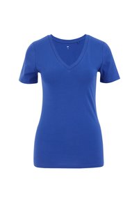 T-shirt bleu à manches courtes et décolleté en V, fabriqué en coton doux. Présente une coupe ajustée et une texture lisse, avec une ourlet standard. Étiquette de taille visible.