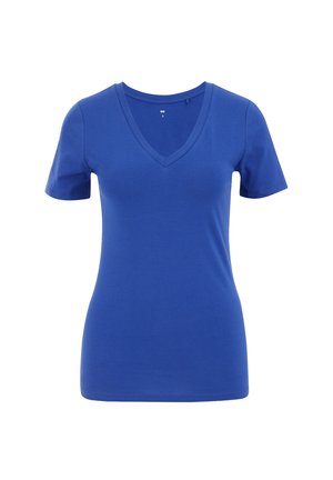 Mėlyna trumpa rankovė V formos marškinėliai, pagaminti iš švelnios medvilnės. Turi prigludusią formą ir lygų paviršių, su standartiniu apvadu. Matoma dydžio etiketė.