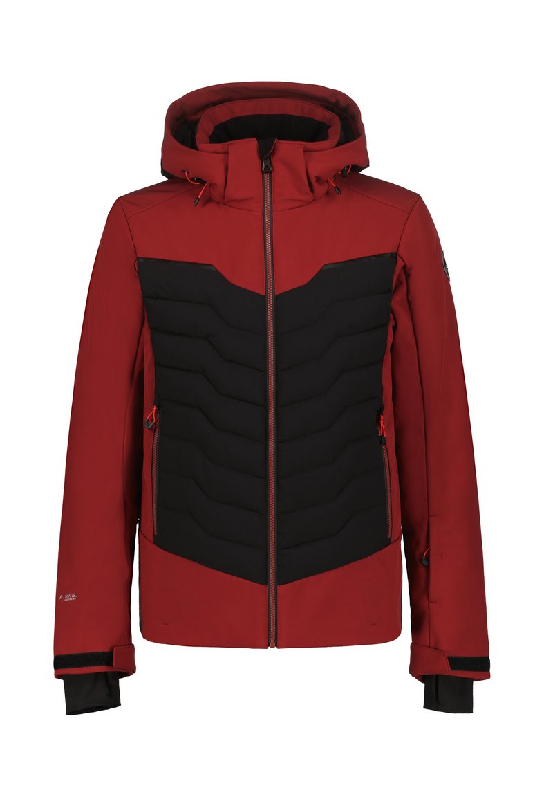 Punaiset ja mustat pehmustetut talvitakki, jossa on etuvetoketju, huppu, vetoketjulliset sivutaskut ja säädettävät rannekkeet hihoissa.