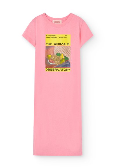 Rosa bomullst-shirtklänning med korta ärmar, med en färgglad konsttryck och text fram, rund halsringning och lös passform.