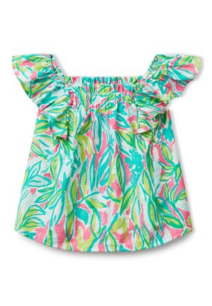 Haut épaules dénudées pour filles avec encolure élastique et manches volantées, présentant un imprimé feuilles tropicales coloré en rose, vert et turquoise.