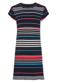 Geribbelde jurk met korte mouwen in marineblauw met horizontale strepen in wit, roze en blauw. Klassieke ronde hals, knielengte, casual pasvorm.