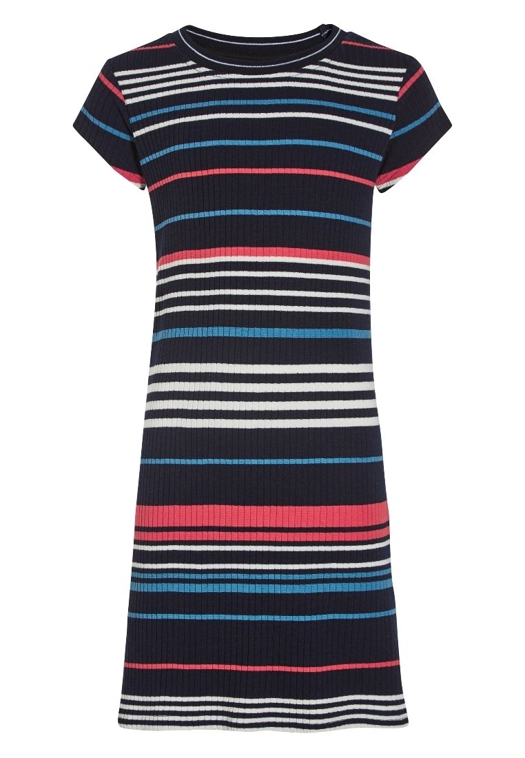 Geribbelde jurk met korte mouwen in marineblauw met horizontale strepen in wit, roze en blauw. Klassieke ronde hals, knielengte, casual pasvorm.