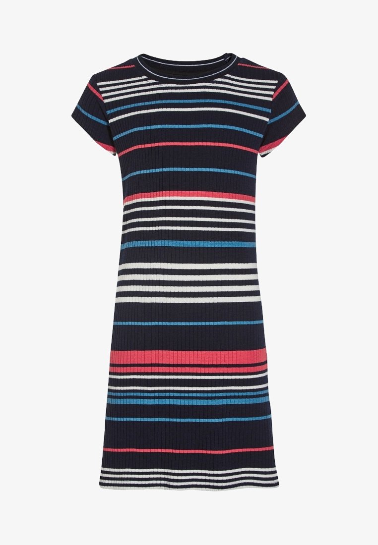 Gestreiftes kurzärmeliges Kleid in Marineblau mit horizontalen Streifen in Weiß, Pink und Blau. Klassischer Rundhalsausschnitt, knielang, lässige Passform.