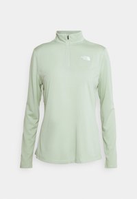 Jasnozielony długi rękaw sweter z pół zippem i wysokim kołnierzem. Posiada subtelne logo na klatce piersiowej oraz gładką, elastyczną fakturę materiału.