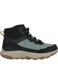 Bottes de randonnée étanches mi-montantes en noir et bleu sarcelle, dotées d'une tige texturée, d'une semelle extérieure en caoutchouc et d'un système de laçage sécurisé avec languette de traction.
