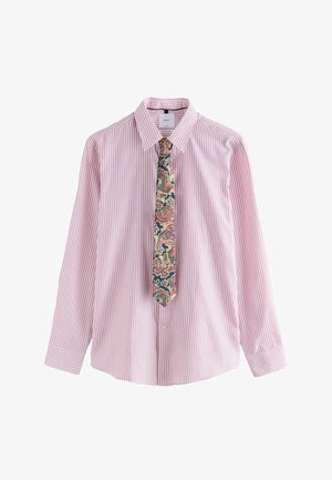 Roosa-valgete triipudega pika varrukaga särk, millel on sinise, punase ja kullakarva paisley-mustriga lips. Tõmmatud kraega, tavaline lõige ja varrukatehõlmadel mansetid.