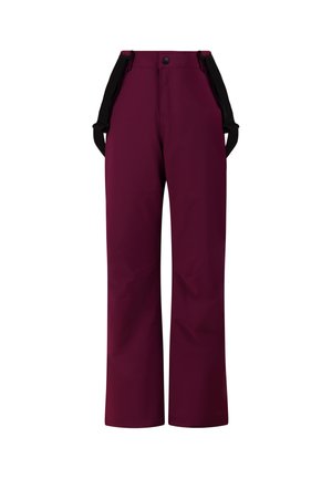Donkerpaarse broek met wijde pijpen, zwarte verstelbare bretels en een knoopsluiting in de taille.