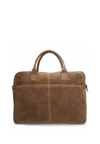 Cartella in suede marrone con doppio manico, chiusura zip e tasca frontale caratterizzata da pannelli rettangolari e dettagli cuciti.
