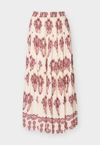 Κρεμ μάξι φούστα με μπορντό σχέδια paisley και floral στα τελειώματα, με σούρες σε στρώσεις και ελαστική μέση.