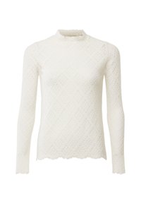 Top bianco a maniche lunghe con un collo alto, caratterizzato da un motivo a diamante testurizzato e orli ondulati sia sull'orlo che sulle maniche.