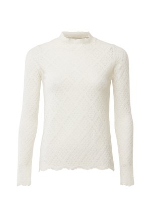 Top bianco a maniche lunghe con un collo alto, caratterizzato da un motivo a diamante testurizzato e orli ondulati sia sull'orlo che sulle maniche.