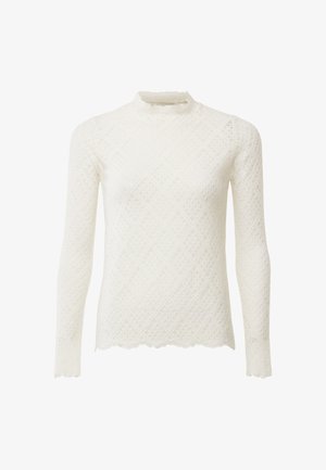 Weißes Langarmoberteil mit hoher Ausschnittform, das ein strukturiertes Rautenmuster und gewellte Kanten am Saum und an den Ärmeln aufweist.