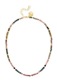 Halskette mit mehrfarbigen facettierten Edelsteinen in Pink-, Grün- und Brauntönen, ergänzt durch goldene Abstände und eine Verschlusskette.