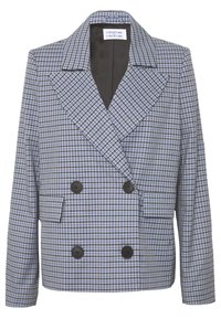 Dubbelsidig kavaj i ett blått och svart rutmönster, med stora slag, två framfickor och svarta knappar framtill.