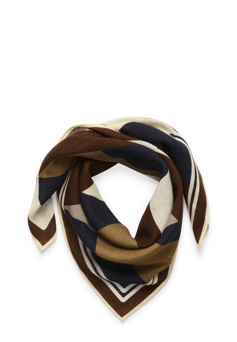 Brown, navy, and cream patterned scarf in a square shape, featuring geometric designs and a soft texture with a contrasting border.