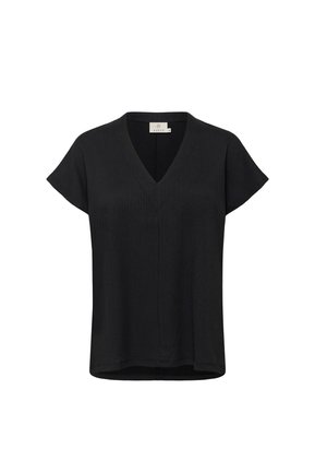 Sort kortærmet bluse med V-hals, der har et struktureret stof og en afslappet pasform. Enkel design uden synlige mønstre eller accenter.