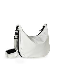 Hobo-Tasche in Weiß, aus glattem Material gefertigt. Verfügt über einen schwarzen Reißverschluss, einen verstellbaren Schultergurt und ein minimalistisches Design.