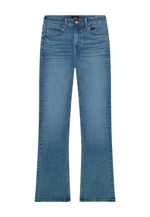 Niebieskie dżinsy z lekkim rozszerzeniem, klasyczny fason z pięcioma kieszeniami, zapinane na guzik i zamek błyskawiczny, z efektem przetarć na udach.