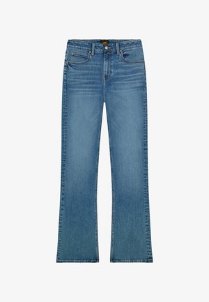 Niebieskie dżinsy z lekkim rozszerzeniem, klasyczny fason z pięcioma kieszeniami, zapinane na guzik i zamek błyskawiczny, z efektem przetarć na udach.