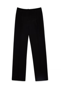 Pantalones negros de corte ajustado hechos de tela tejida. Presentan un diseño de pierna recta, dos pliegues frontales y una textura suave y mate.